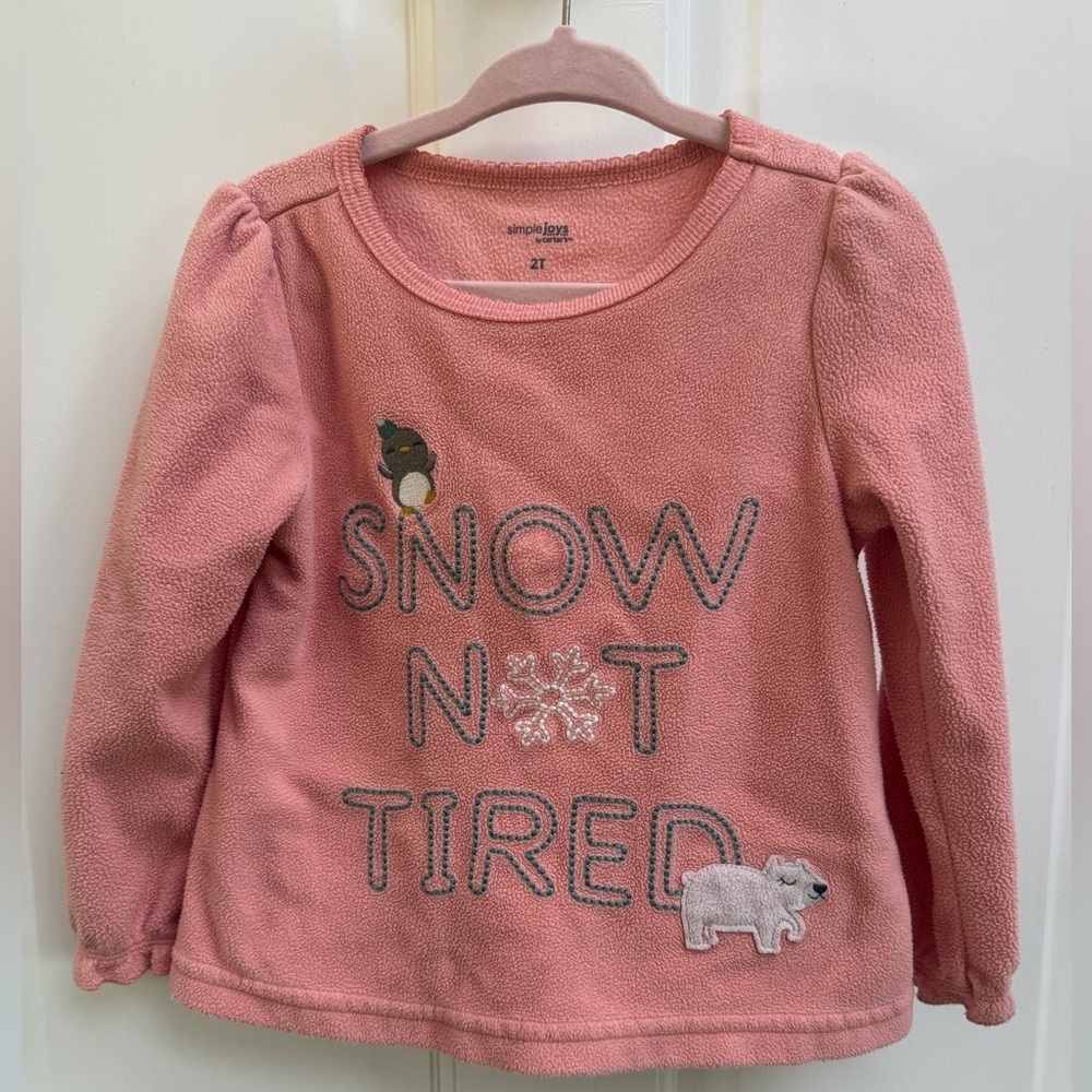 NWOT Carter’s 2T Girls Peach Fleece Snow Not Tired Long Sleeve Pajama Top